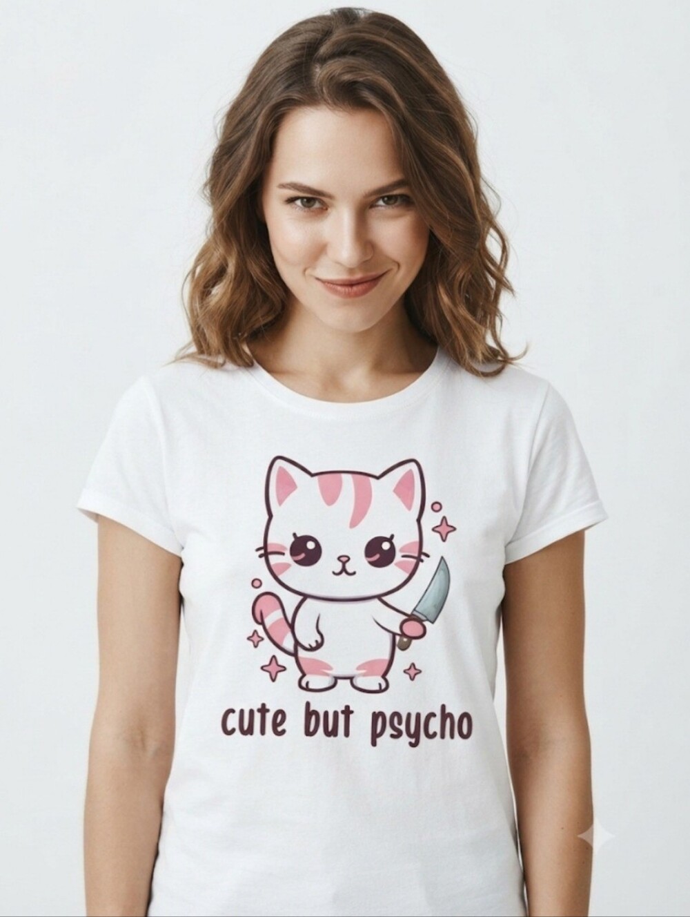 Hand Crafted Cute But Psycho Cat DTF Graphic Tee Upcycled Cotton Shirt Size M
